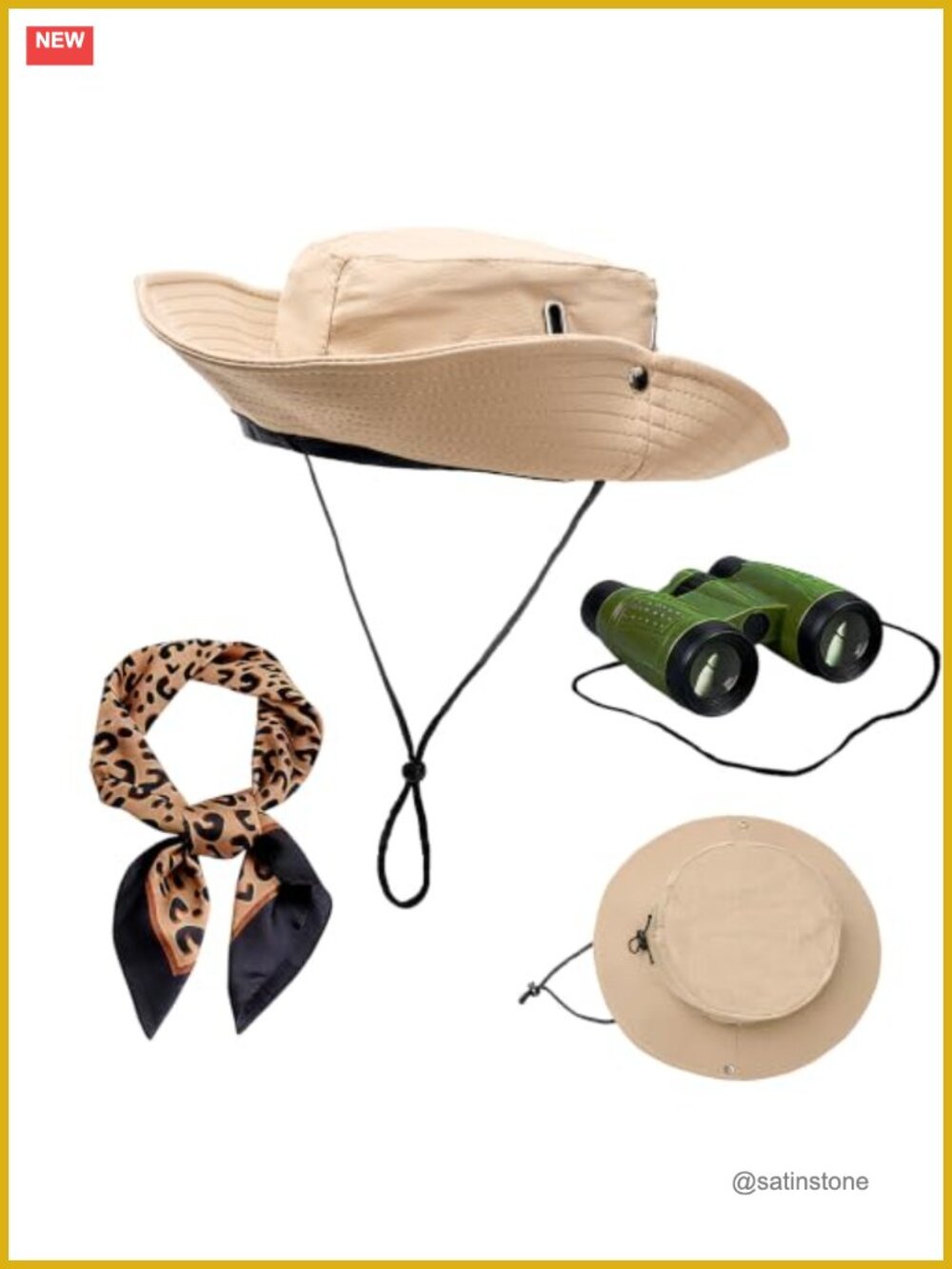 Safari Costume Set Bucket Sun Hat Leopard Scarf Toy Binoculars